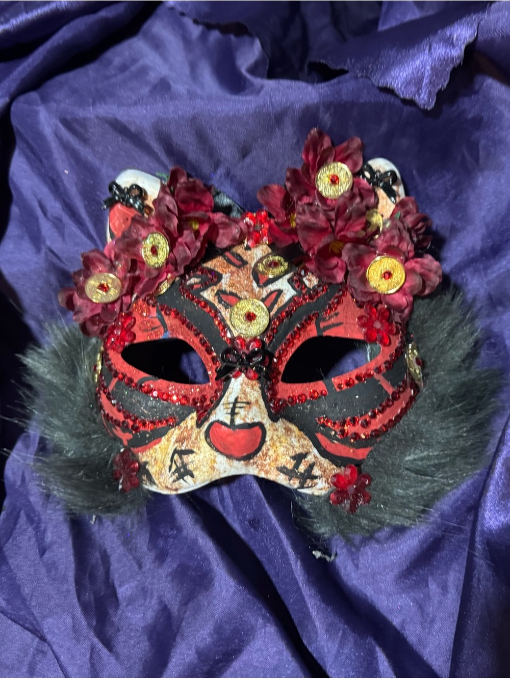 Red Floral Cat Masquerade Mask for Women